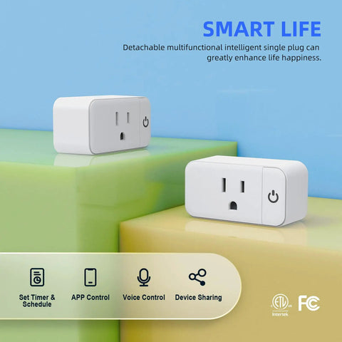 Smart Plug 15A WiFi Outlet Works With Alexa And Google Assistant, 2 Pack displayed on colorful blocks