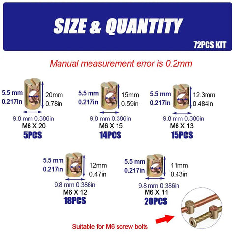 Beast Mode 72 Piece M6 Metric Barrel Nuts And Cross Dowel Slotted Nut Kit size and quantity chart for furniture assembly.