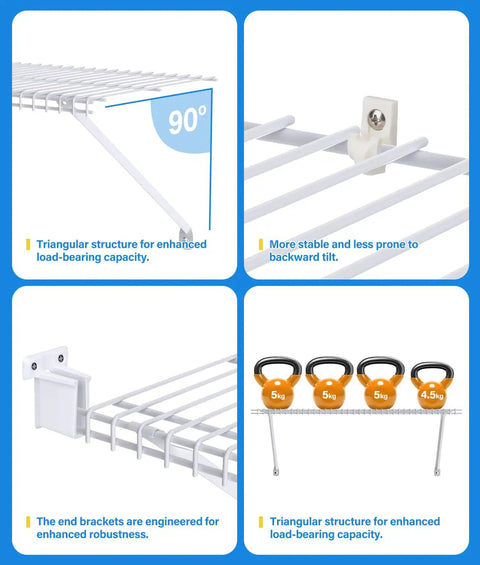 Six Pack White Wire Shelf Brackets For Twelve Inch Closets With Heavy Duty Anchors Screws And Clips showcasing triangular structure and stability.