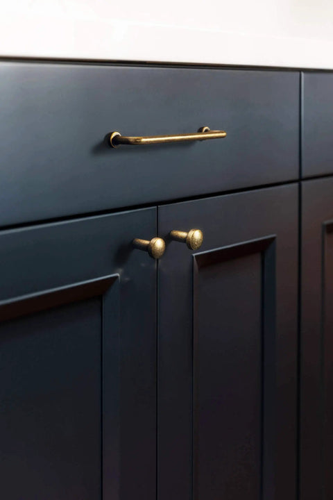 Antique brass cabinet pull on dark cabinet, 3 3/4 inch center-to-center, part of 6 Pack 3 3/4 Inch Center To Center Antique Brass Cabinet Pulls And Vintage Drawer Handles For Kitchen And Home Improvement Classic Retro Hardware For Cabinets And Doors Upgrade Your Space.
