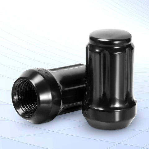 Heavy Duty Black 1/2-20 Lug Nuts Set for Ford Mustang F-150 Explorer Commander Jeep Wrangler Liberty Grand Cherokee Bulge Acorn Spline 1.38 Inch Tall Includes 1 Lug Nut Key and 21 Pieces, close-up view