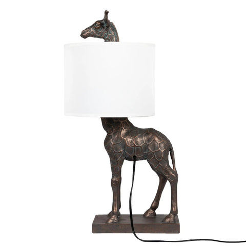 Resin Giraffe Table Lamp With Linen Shade And Bronze Finish Whimsical Animal Accent Light For Living Room Or Desk 13.75 Inch Tall Cord Switch