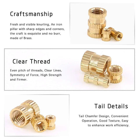 All In One 330 Piece Knurled Threaded Insert Kit Brass Embedment Nuts Set M2 M3 M4 M5 Female Threads For Wood Plastic Metal Versatile Assortment With Durable Clear Box Storage showcasing brass inserts with knurling and thread details.