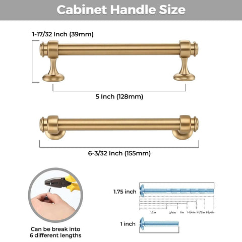 Champagne Bronze Aluminum Cabinet Handles 12 Pack with Five Inch Center Holes sizing diagram and installation tools.