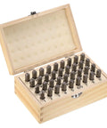 36 Piece Metal Stamping Kit With 5 Millimeter Uppercase Letter And Number Punch Stamps Set in wooden case open, showing metal stamps