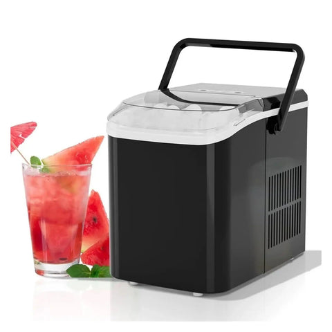 Portable Ice Maker Makes 26.5 Pounds Of Fresh Bullet Ice Daily With Zero Effort Self Cleaning Mode next to a cocktail.
