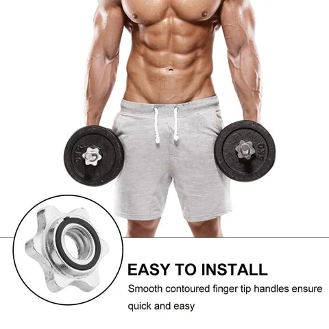 Man holding dumbbells with 6 Pack Spinlock Dumbbell Collars For 1 Inch Bars, Heavy Duty Steel And PVC Construction visible