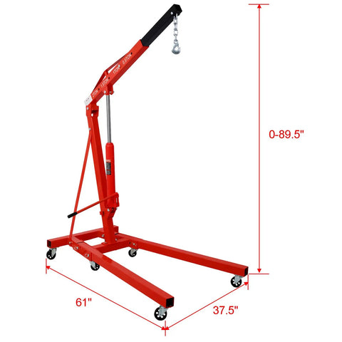 Heavy Duty 2 Ton Hydraulic Engine Hoist 4400 Lbs Folding Cherry Picker Crane with adjustable boom and dimensions.