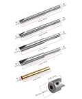 Heavy Duty Pen Milling Kit With All In One Seven Piece Barrel Trimming Setup Includes Steel Cutter Hex Wrench Adapter And Compatible Pilot Shafts For Fast Crafting Projects, showing various steel pilot shafts and adapters with measurements.