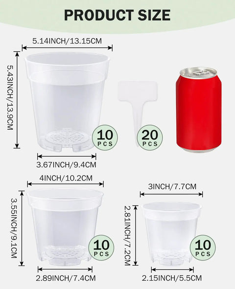 Product size chart with See Through Seed Starter Pots 30 Pack Clear 3 To 5 Inch Plant Pots With Drainage Holes and a red can