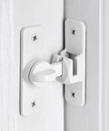 Close-up of White Aluminum Alloy Gate Lock Featuring Dual Angle Design For Rugged Barn Door Latch Security, installed on door.