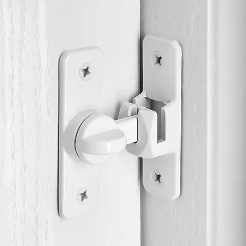 Close-up of White Aluminum Alloy Gate Lock Featuring Dual Angle Design For Rugged Barn Door Latch Security, installed on door.