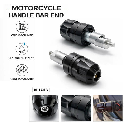 Classic Premium Heavy Duty Motorcycle Handlebar End Weight Sliders In Sleek Black, CNC machined, anodized finish details.