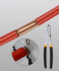Close-up of crimped connector from 250 Pcs Wire Terminal Connectors Kit With 7 Sizes Electrical Butt Connectors Copper Tube Connectors Heat Shrink Tubing And Wire Ferrules For DIY Auto Home Marine Projects with red tubing and crimping tool