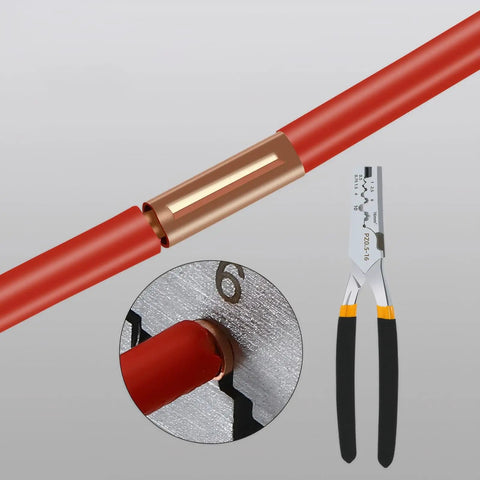 Close-up of crimped connector from 250 Pcs Wire Terminal Connectors Kit With 7 Sizes Electrical Butt Connectors Copper Tube Connectors Heat Shrink Tubing And Wire Ferrules For DIY Auto Home Marine Projects with red tubing and crimping tool