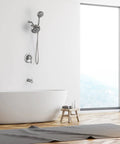 Bathroom with Dual Shower System With Handheld And Rain Head, High Pressure 2 In 1 Shower Kit, Brushed Nickel next to a bathtub
