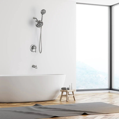 Bathroom with Dual Shower System With Handheld And Rain Head, High Pressure 2 In 1 Shower Kit, Brushed Nickel next to a bathtub