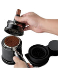 Image of Snag This Knockout Espresso Coffee Tool Set For A Locked In Perfect Pull Featuring A Quick Rotary Wdt Dispenser Solid Wood V3 Tamper And Flat Leveler To Break Up Clumps Like A Pro Daily, with a hand using the rotary WDT tool on fine coffee grounds.