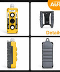 Sturdy Waterproof Industrial Crane Pushbutton Switch Control Box With Three Button Operation For Electric Hoist Lift And Automation Robots Durable Metal Housing, showing front, side, and back views.
