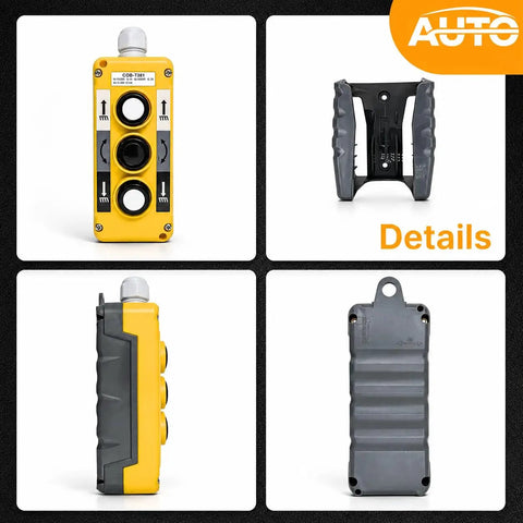 Sturdy Waterproof Industrial Crane Pushbutton Switch Control Box With Three Button Operation For Electric Hoist Lift And Automation Robots Durable Metal Housing, showing front, side, and back views.