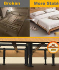 Image comparison showing broken bed frame vs stable setup with Top Shelf Four Pack Adjustable Bed Support Legs With Hefty Carbon Steel Replacement Frame Feet Featuring Silent Rubber Pads For Knockout Floor Guard And Straight Up Quick Height Tweaks On Any Bed Frame.