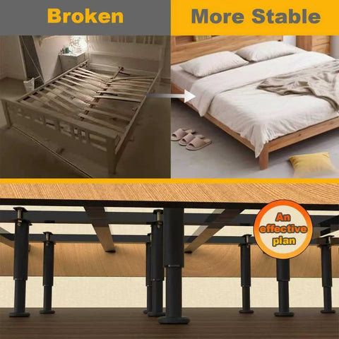 Image comparison showing broken bed frame vs stable setup with Top Shelf Four Pack Adjustable Bed Support Legs With Hefty Carbon Steel Replacement Frame Feet Featuring Silent Rubber Pads For Knockout Floor Guard And Straight Up Quick Height Tweaks On Any Bed Frame.