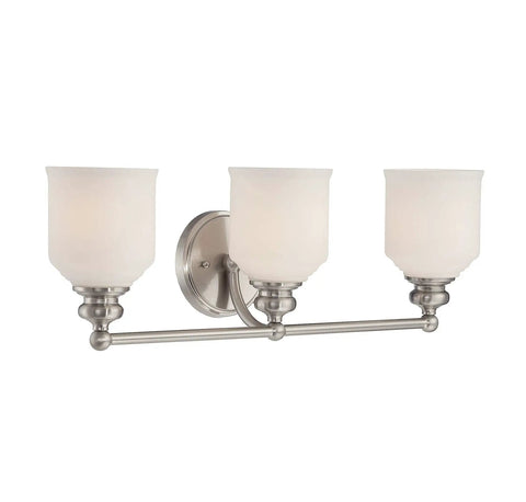 Melrose 3-Light Vanity Light With Vintage White Opal Etched Glass for Retro Modern Bathrooms Vibe