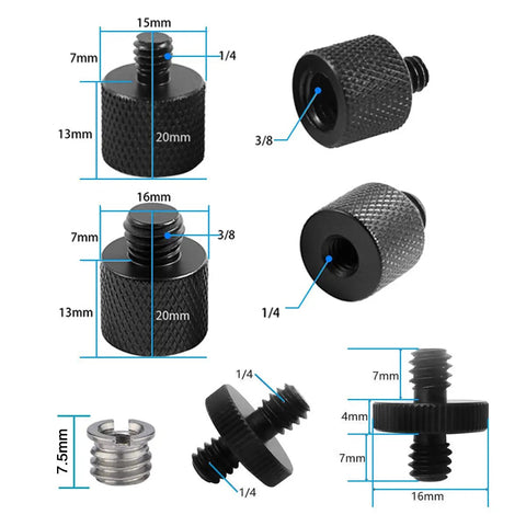 Slick 1/4 Male To 3/8 Female Thread Adapter With Double Head Stud Bolt, black metal connectors for camera gear.