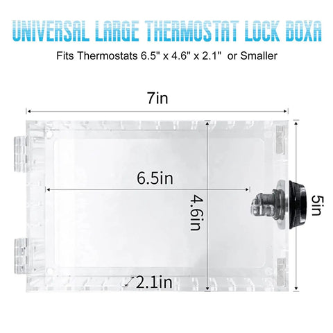 Top view of Durable Universal Thermostat Lock Box With Simple Combination Lock For Wall Mount Protects Your Thermostat From Kids And Pets White Finish Fits Units Up To 6.5 By 4.6 By 2.1 Inches Or Smaller showing dimensions and lock detail.