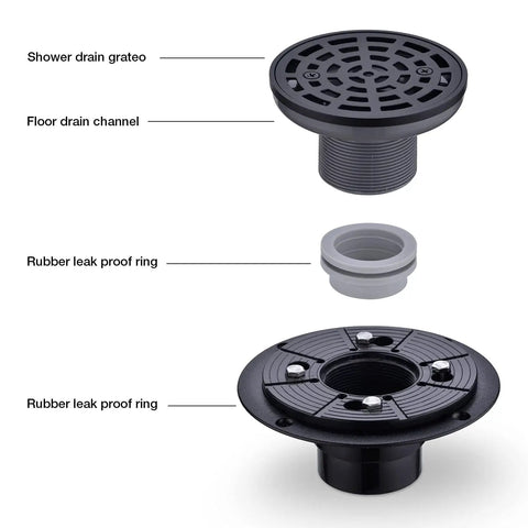 Exploded view of Four And A Quarter Inch Round Shower Drain In Matte Black Stainless Steel With Included Drain Flange Kit components
