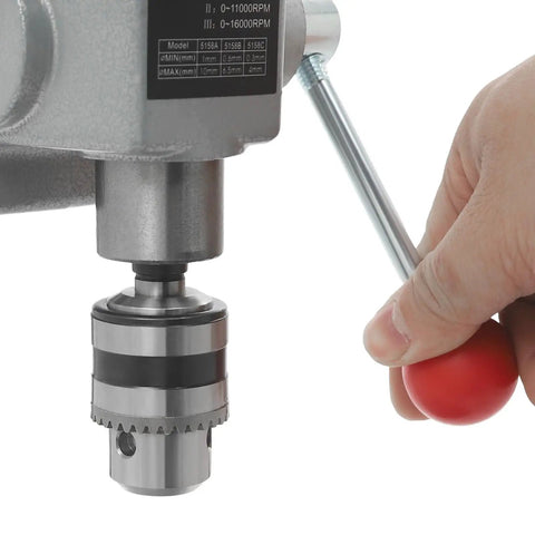 Powerful 340W Benchtop Drill Press With 3 Speed Corded Mini Drill For DIY Metal And Plastic Projects, close-up of adjustable chuck.