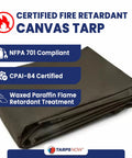 Folded 8x10 Ft Fire Retardant Canvas Tarp with Brass Grommets, 27 Mil Olive Drab, NFPA 701 and CPAI-84 Compliant, 16oz Cotton Canvas.