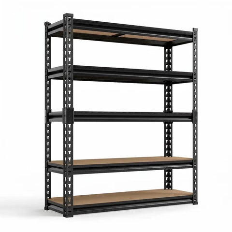 Five Tier Heavy Duty Metal Shelving Rack Featuring Fully Adjustable Levels Seventy Two Inches High By Thirty Six Inches Wide hauls up to two thousand pounds.