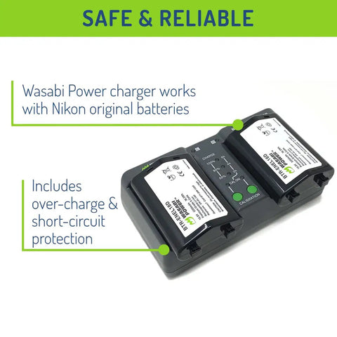 Image showing Two Pack Battery And Dual Charger For Nikon EN-EL18d Cameras with overcharge protection.