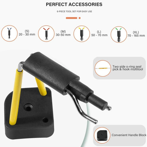 Pro Grade Hydraulic Cylinder Seal Kit With Rod Seal Install Tool And U Cup Twistor Installation Tools Four Size Range For Seals From 20 To 165 Mm 0.7 To 6.5 Inches Six Piece Boxed Set, including a two-side o-ring seal pick and hook multitool on a stand.