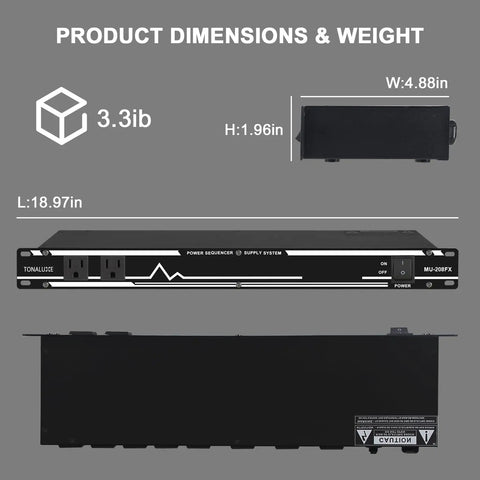 Rack Mount Power Conditioner With Ten US Outlets And Thirty Amps For Pro Audio Gear Home Theater Systems dimensions and weight display.