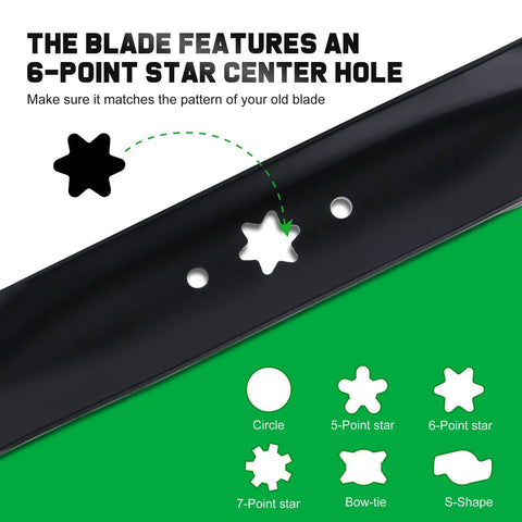 42 Inch Mower Blades For Cub Cadet Ultima ZT1 42 XT1 42 LT42 And Troy Bilt Bronco Pony 42 Zero Turn Riding Mower Mulching Replacement 9420616A 7420616A Pro Grade Boss Level Heavy Duty with 6-point star center hole diagram