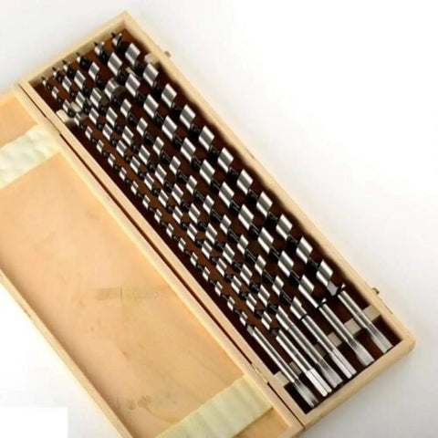 Six Piece Eighteen Inch Auger Bits Drill Set With Half Inch Shank Woodworking Tools in wooden case for deep hole drilling.
