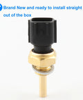 Front view of brass coolant temperature sensor with black plastic connector and hex nut mounting