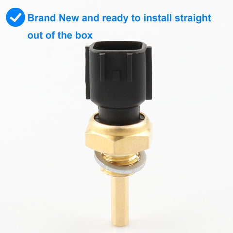 Front view of brass coolant temperature sensor with black plastic connector and hex nut mounting