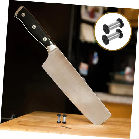 Boss Grade Stainless Steel Knife Handle Screws With Locking Spindle Pins Two Pack on wooden cutting board with knife.