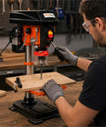 CWKISS 12 Inch Benchtop Drill Press With Laser Positioning System Variable Speed 450 To 3150 RPM Digital Display Heavy Duty Tabletop Drilling Machine For Wood And Metal 0 To 45 Degree Tilting Worktable in use on wooden board.
