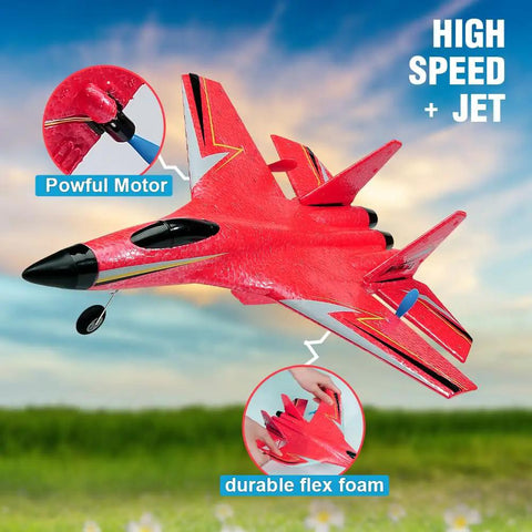 Red Su-27 RC Airplane With Gyro Stability, Rad 2 Channel Remote, Night Lights, Two Batteries, Durable Foam Airplane in flight