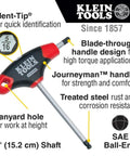 Ball End Hex Key Set With 6 Inch Blades For Angled Access And Tight Spots 10 Piece SAE Inch Wrench Kit With Stand Pro Grade Journeyman Dual Material Handles Rust Resistant Treated Steel Double Ended Keys Klein Tools showing handle and features.