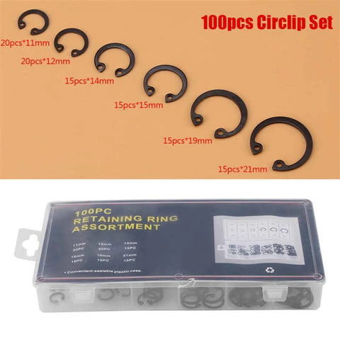 100 Piece C Clip Snap Ring Kit With Box 11mm To 21mm C Type Retaining Rings assorted sizes in box and displayed