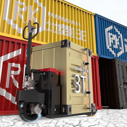 Heavy Duty Electric Pallet Jack With Lithium Battery 6600 Lbs Capacity Fork Truck For Warehouse Jobs Easy操控, close-up view with gold container.