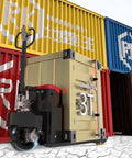 Electric pallet jack with a container, designed for smooth warehouse workflows, rated for 6600 lb loads and lithium battery power.