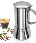 Uncoated 2 Cup Moka Pot Thick 304 Stainless Steel Stovetop Espresso Coffeemaker next to coffee cup and beans