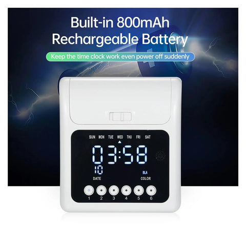 No Sweat Electronic Time Clock For Employee Attendance With Secure Passcode Lock And Bulk Time Cards showing digital display and buttons.