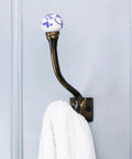 Heavy Duty Double Coat Hooks Wall Mount Six Pack In Blue And White, Decorative Prong Hooks Perfect For Coats, Towels, Backpacks